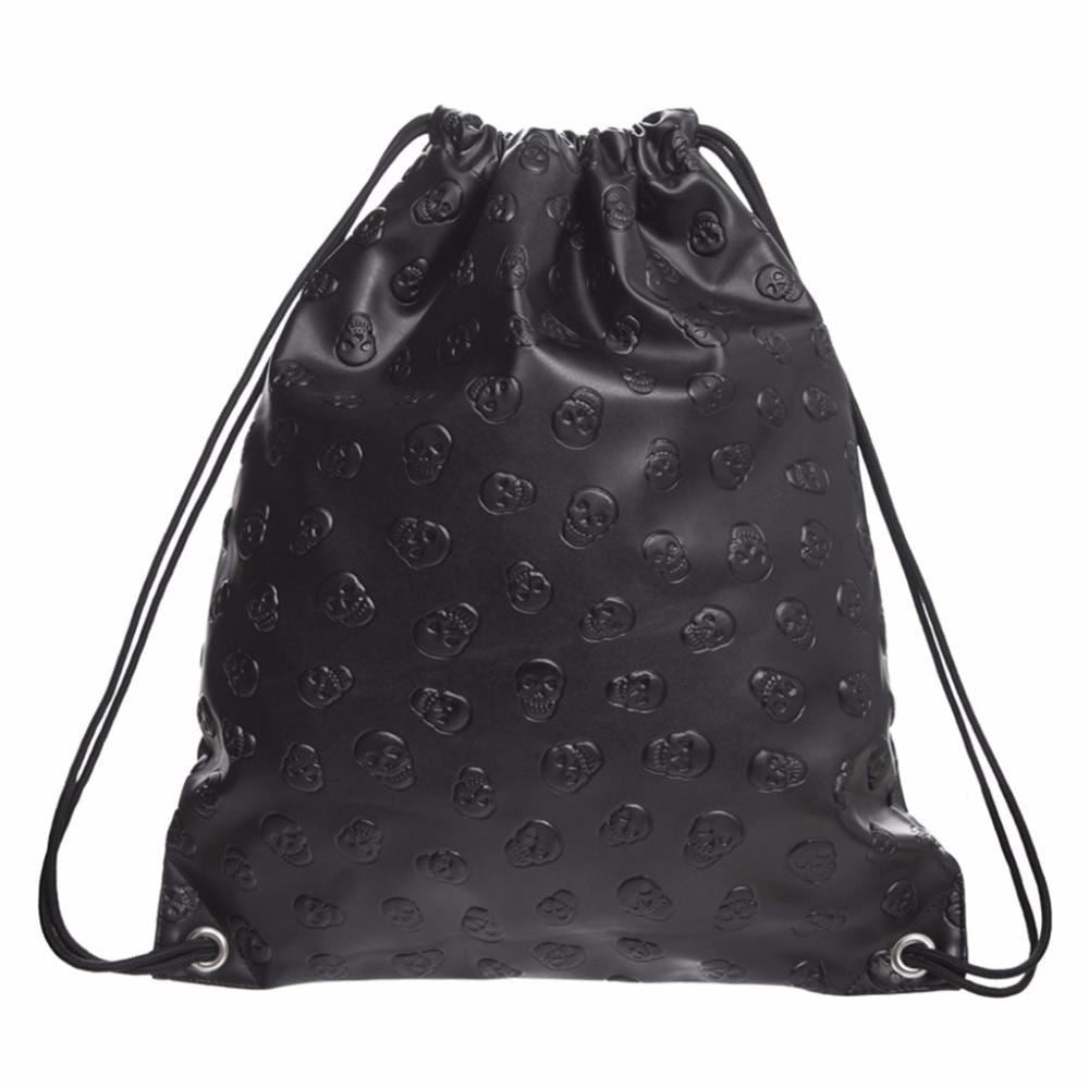 New Unisex Skull Drawstring Leather 2018 Fashion Travel   Backpack Bags Black TH