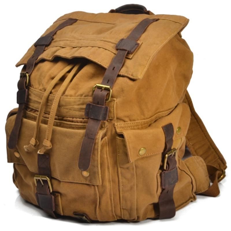 Vintage Leather Military Canvas travel Backpacks Men &Women School Backpacks men