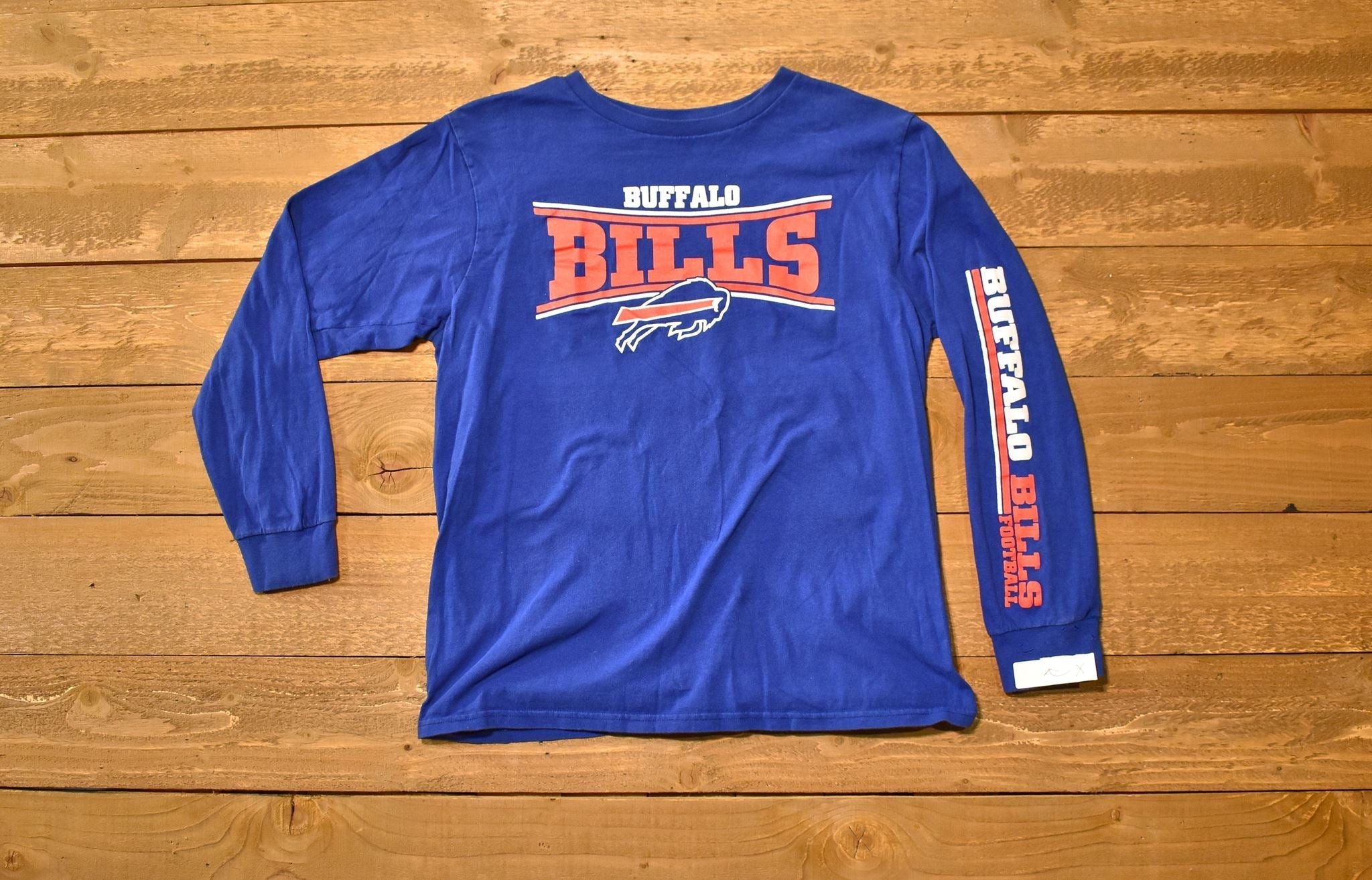 Buffalo Bills Mens long sleeve shirt blue - Large NFL team apparel used Sm holes