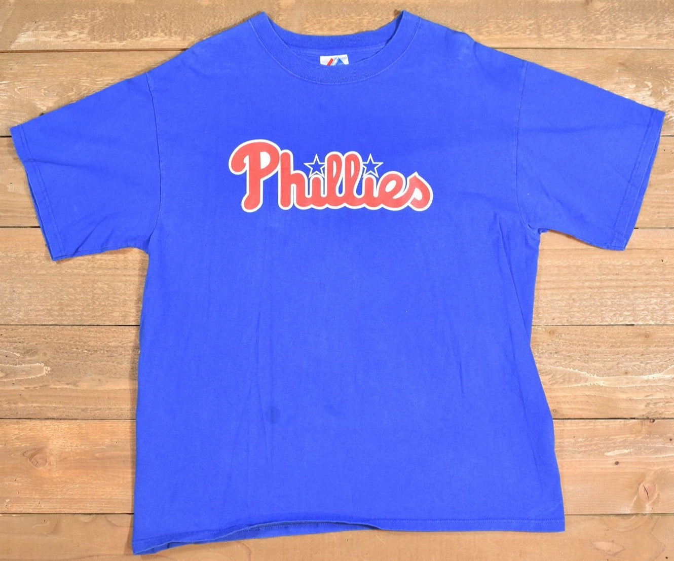Phillies MEns T shirt XL Majestic MLB Baseball t shirt Blue Used Authentic