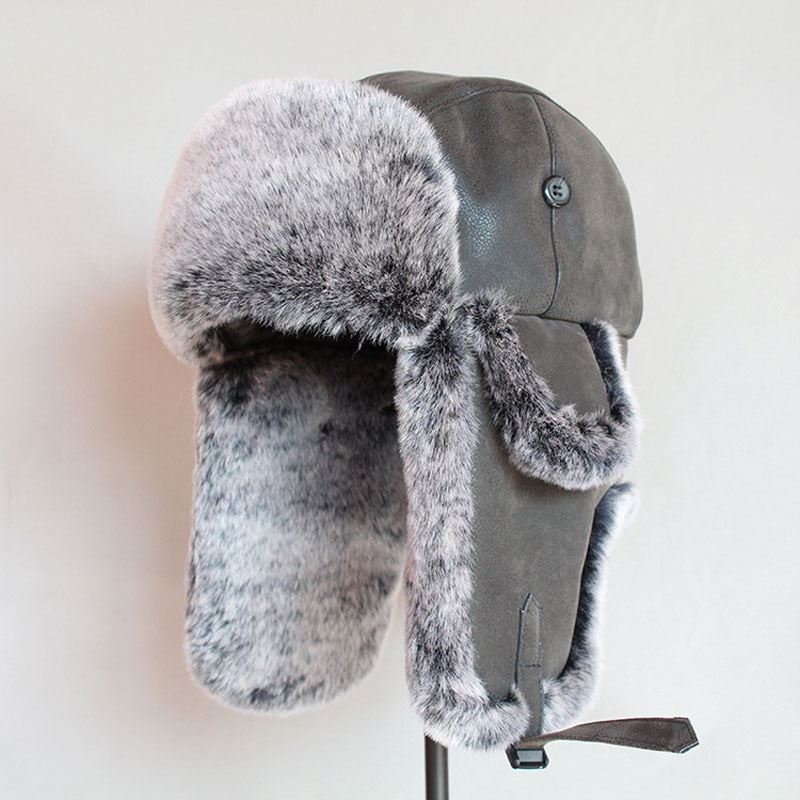 Bomber Hats Winter Men Warm Russian Ushanka Hat with Ear Flap Pu Leather  Fur Tr