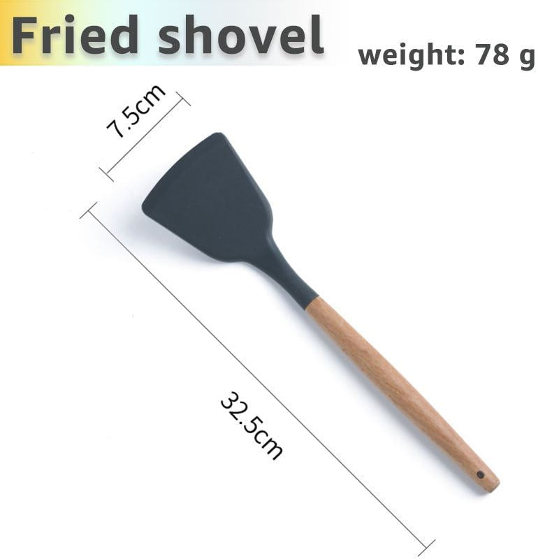Silicone Cooking Utensils Set Kithcen Non Stick Spatula Shovel Soup Spoon Wooden
