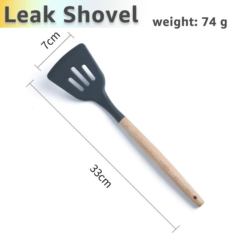 Silicone Cooking Utensils Set Kithcen Non Stick Spatula Shovel Soup Spoon Wooden