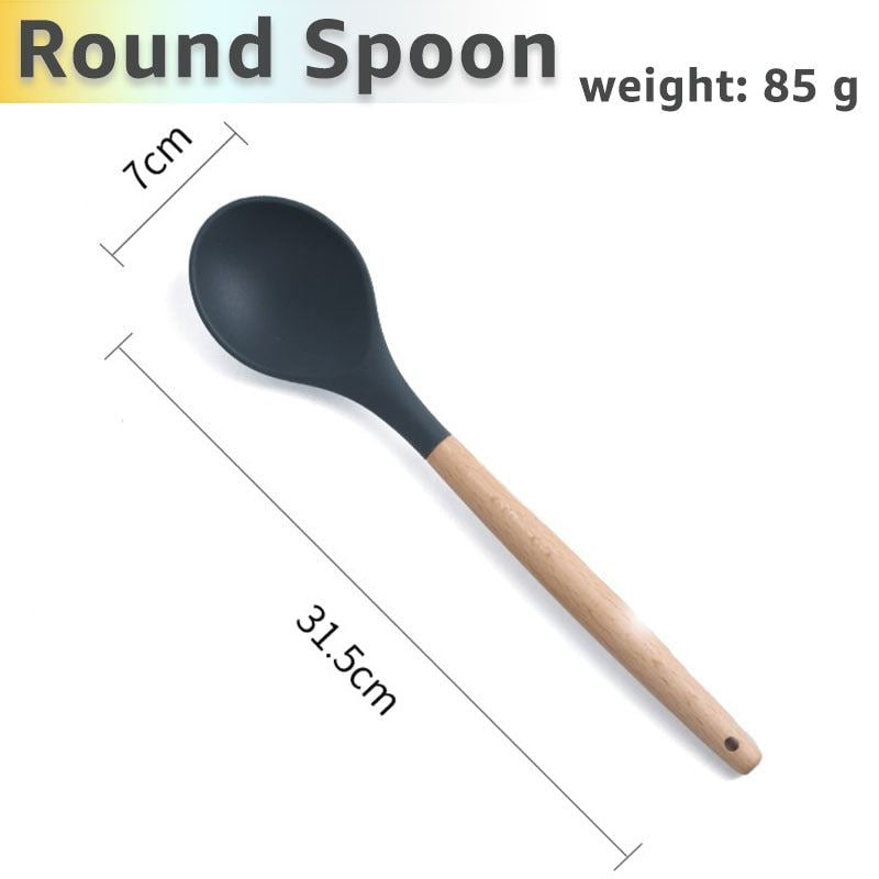 Silicone Cooking Utensils Set Kithcen Non Stick Spatula Shovel Soup Spoon Wooden