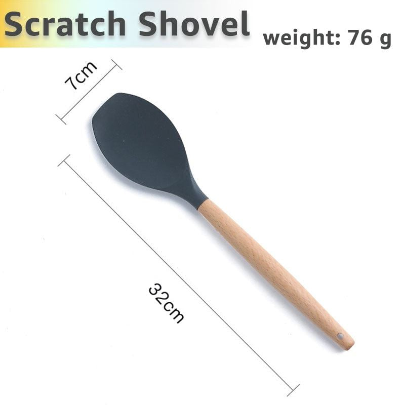 Silicone Cooking Utensils Set Kithcen Non Stick Spatula Shovel Soup Spoon Wooden