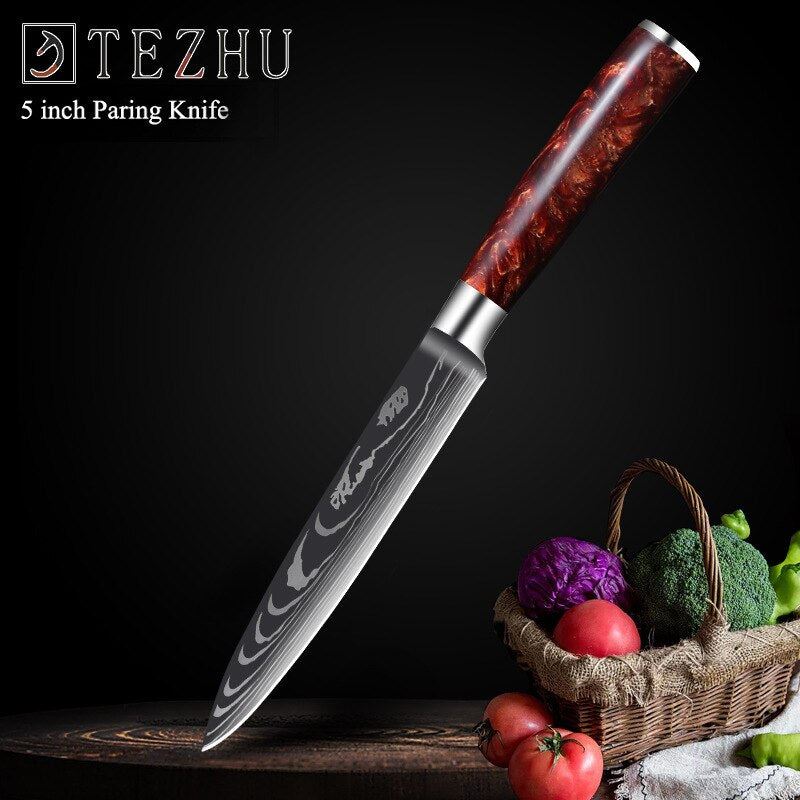 Damascus Laser Chef Knife Japanese Salmon Sashimi Knife Red Resin Handle Slicing