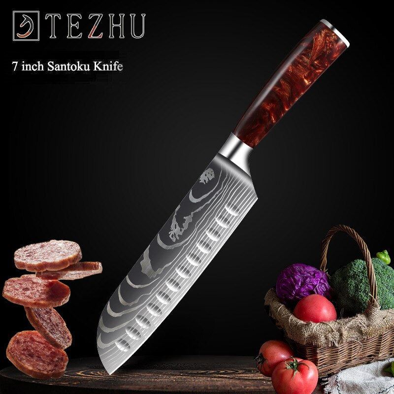 Damascus Laser Chef Knife Japanese Salmon Sashimi Knife Red Resin Handle Slicing