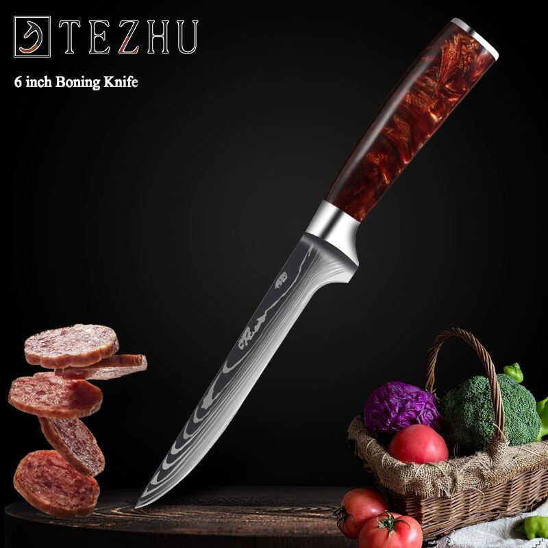 Damascus Laser Chef Knife Japanese Salmon Sashimi Knife Red Resin Handle Slicing