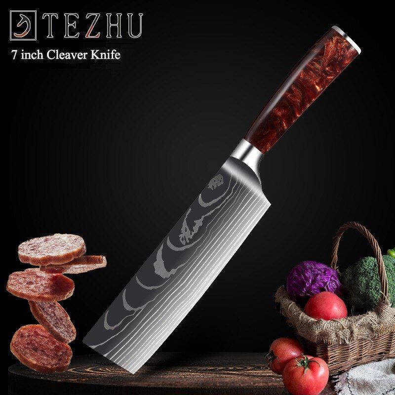 Damascus Laser Chef Knife Japanese Salmon Sashimi Knife Red Resin Handle Slicing