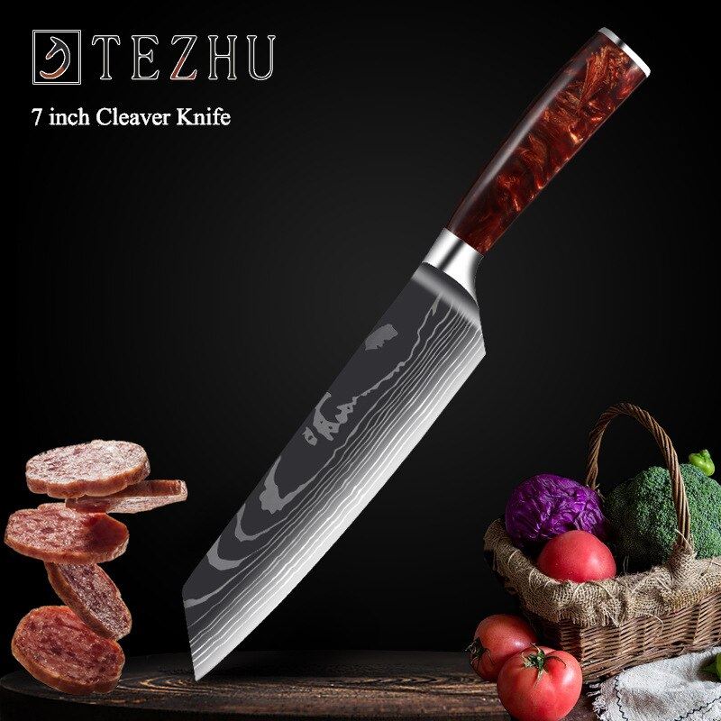Damascus Laser Chef Knife Japanese Salmon Sashimi Knife Red Resin Handle Slicing