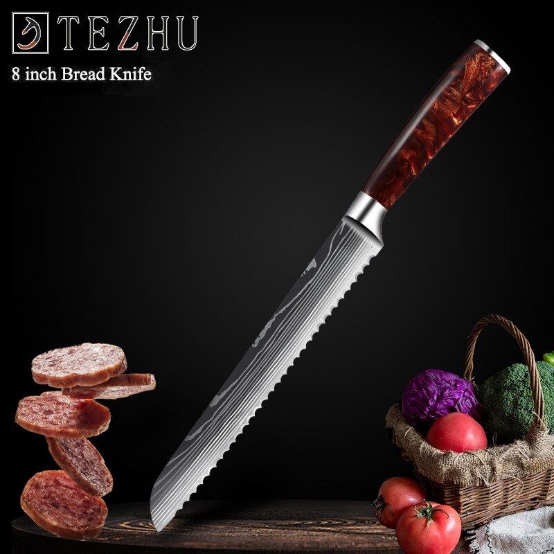 Damascus Laser Chef Knife Japanese Salmon Sashimi Knife Red Resin Handle Slicing