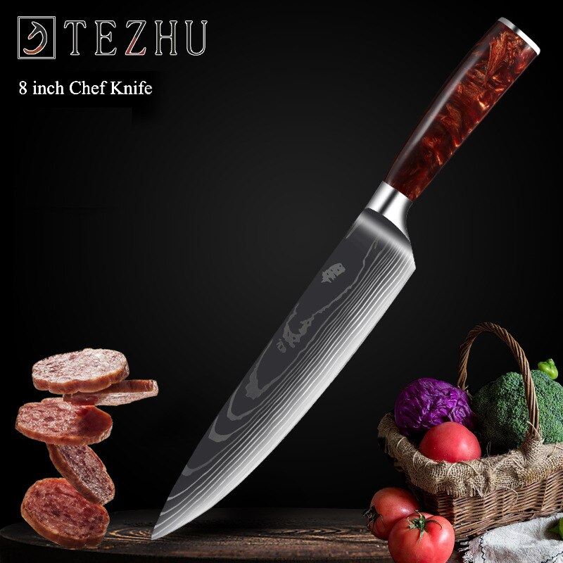Damascus Laser Chef Knife Japanese Salmon Sashimi Knife Red Resin Handle Slicing