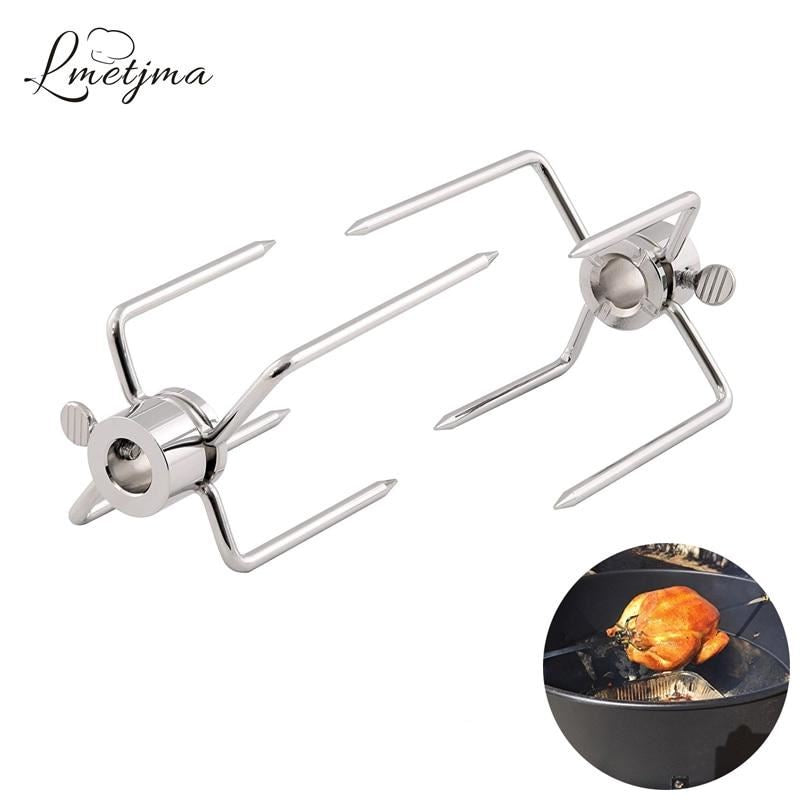 LMETJMA 2pcs/set Rotisserie BBQ Forks Stainless Steel Spit BBQ Forks Charcoal Ch