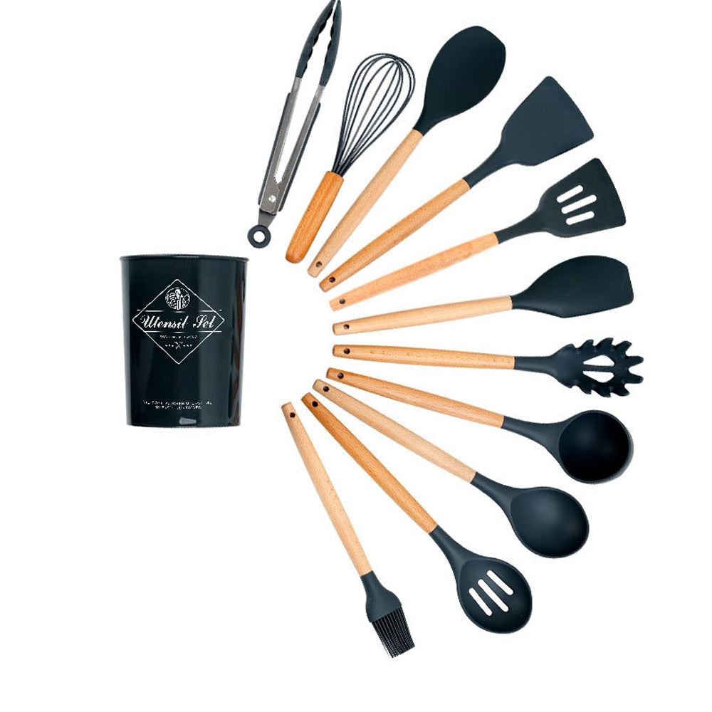 Silicone Kitchenware Set Cooking Utensil Non-stick Wood Handle Shovel Spat 12Pc