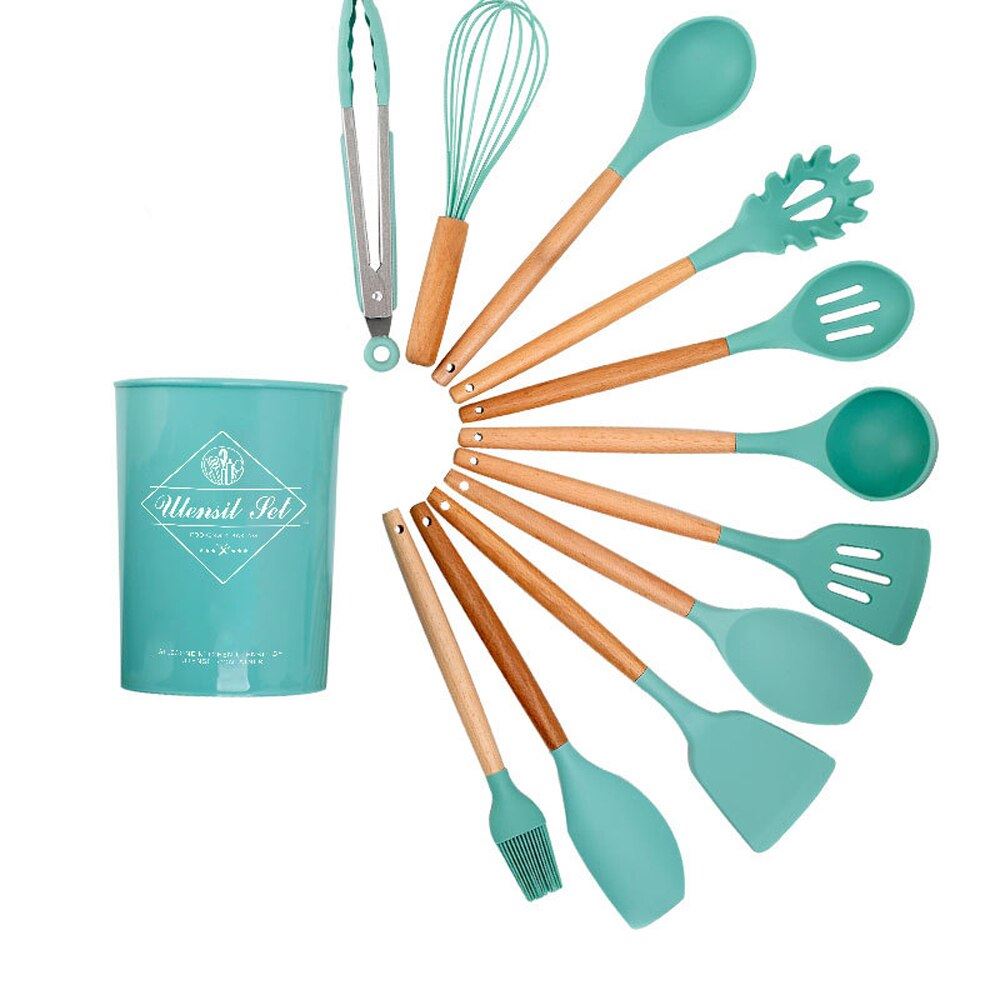Silicone Kitchenware Set Cooking Utensil Non-stick Wood Handle Shovel Spat 12Pc