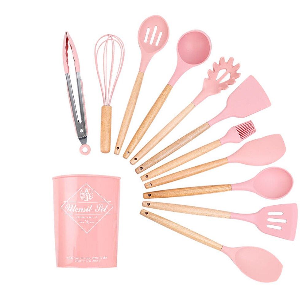 Silicone Kitchenware Set Cooking Utensil Non-stick Wood Handle Shovel Spat 12Pc