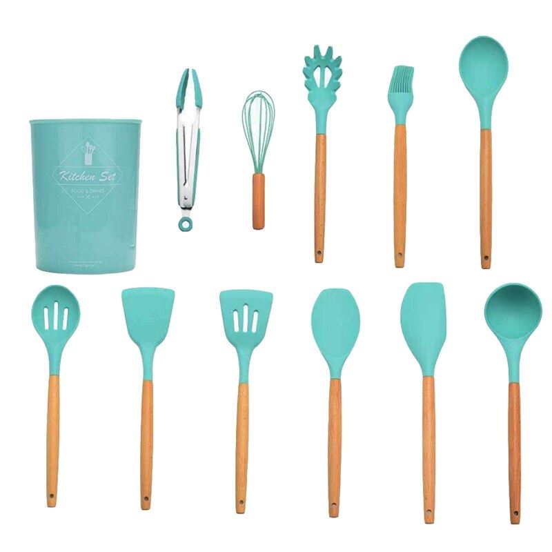 Silicone Cooking Utensils Set Solid Wood Handle With Storage Box, Kitchen 11pc
