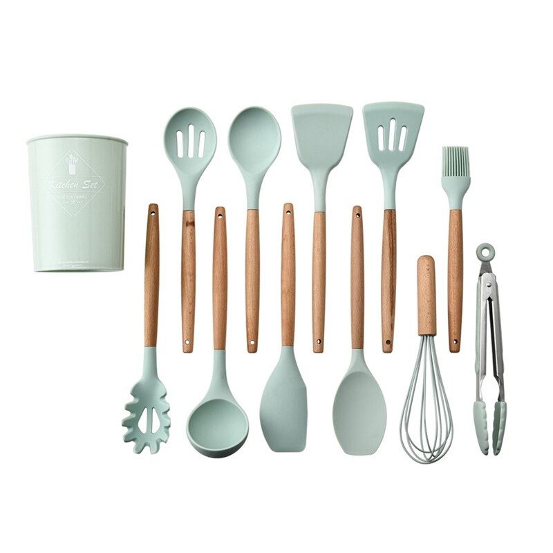 Silicone Cooking Utensils Set Solid Wood Handle With Storage Box, Kitchen 11pc