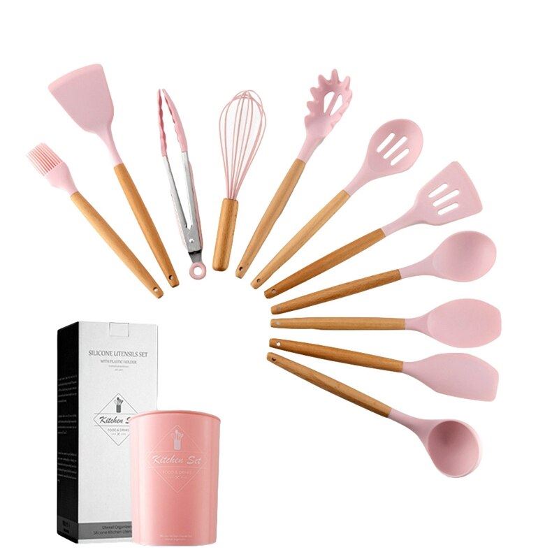Silicone Cooking Utensils Set Solid Wood Handle With Storage Box, Kitchen 11pc