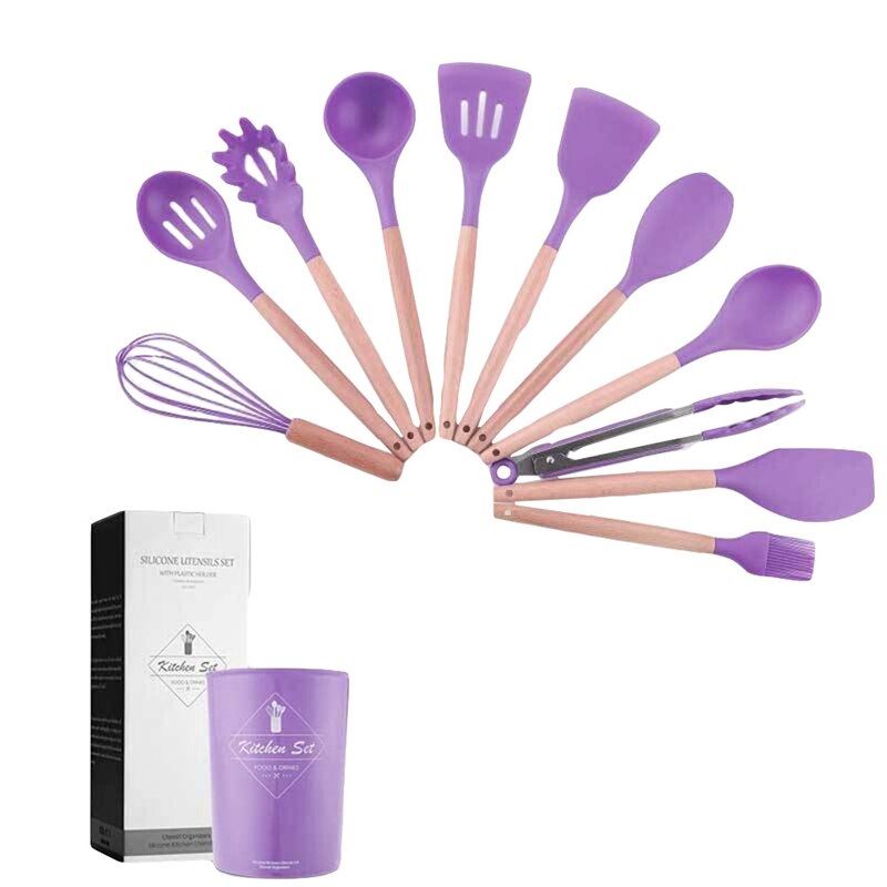 Silicone Cooking Utensils Set Solid Wood Handle With Storage Box, Kitchen 11pc