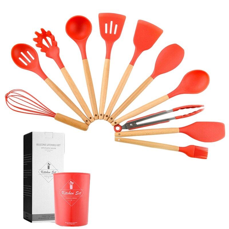 Silicone Cooking Utensils Set Solid Wood Handle With Storage Box, Kitchen 11pc