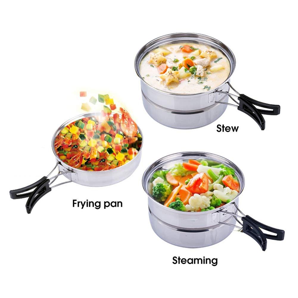 Stainless Steel Outdoor Picnic Pot Pan Kit Camping Hiking Cookware Cover Cooking
