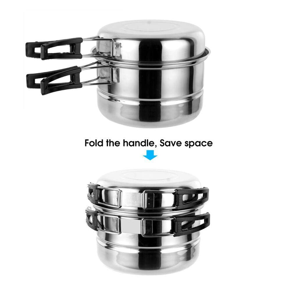 Stainless Steel Outdoor Picnic Pot Pan Kit Camping Hiking Cookware Cover Cooking