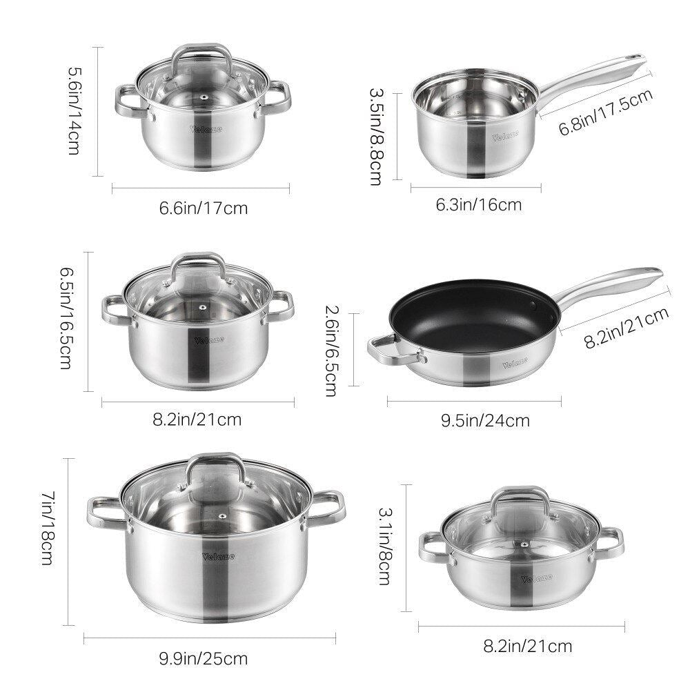 Velaze Cookware Set Stainless Steel 10-Piece Cooking Pot Set,Induction Safe,Non