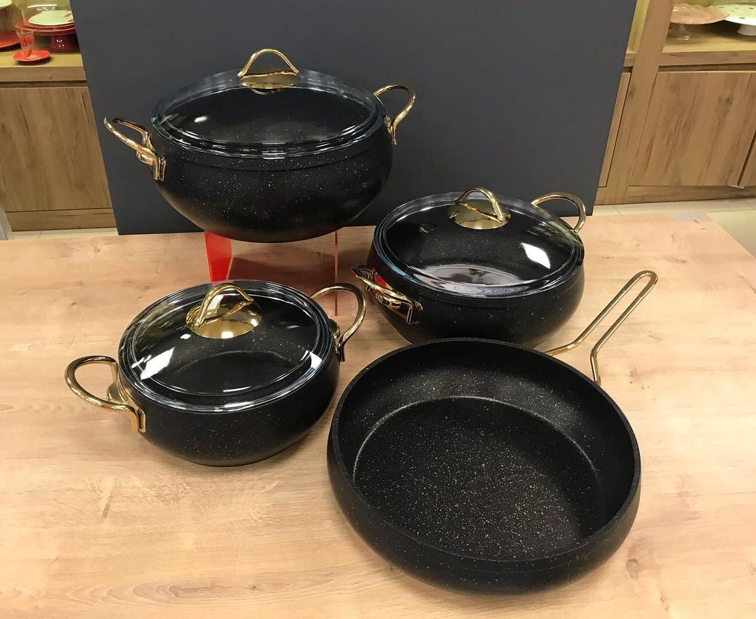 COOKWARE SET 7 pieces Gold Handle Rose White nonstick granite pan fireproof