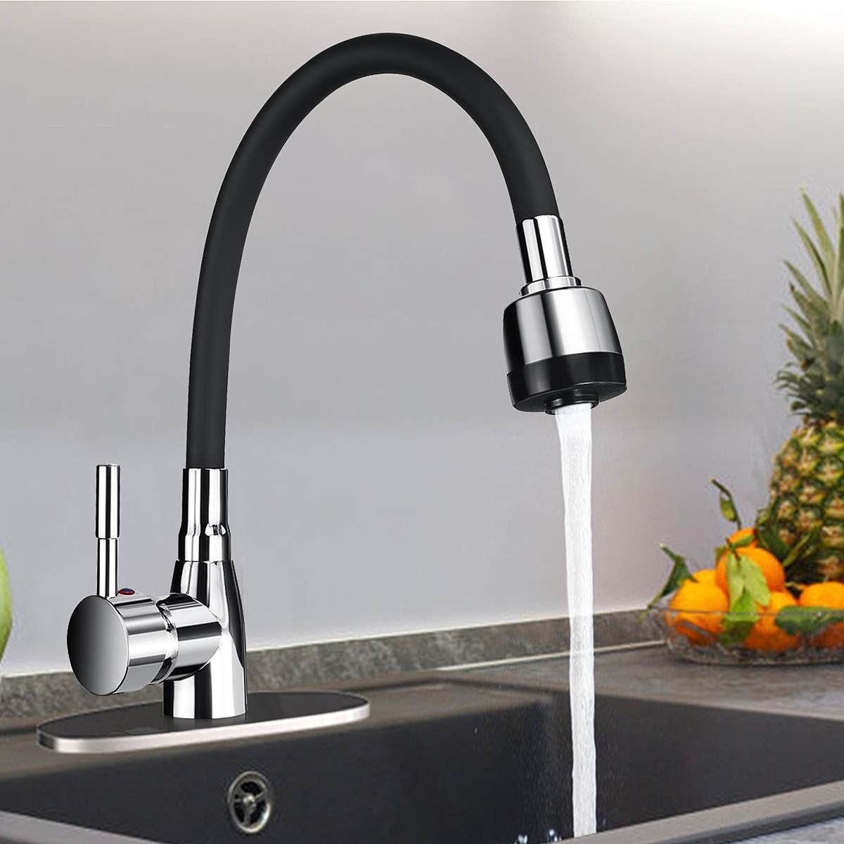 Polished Chrome Black Single Handle Kitchen Basin Faucet 360Rotating Cold and Ho