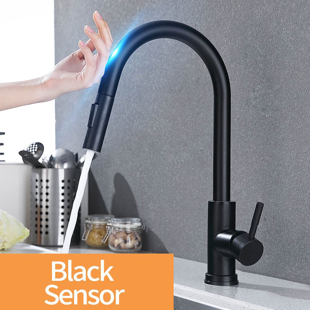 Pull Out Black Sensor Kitchen Faucets Stainless Steel Smart Induction Mixed Tap