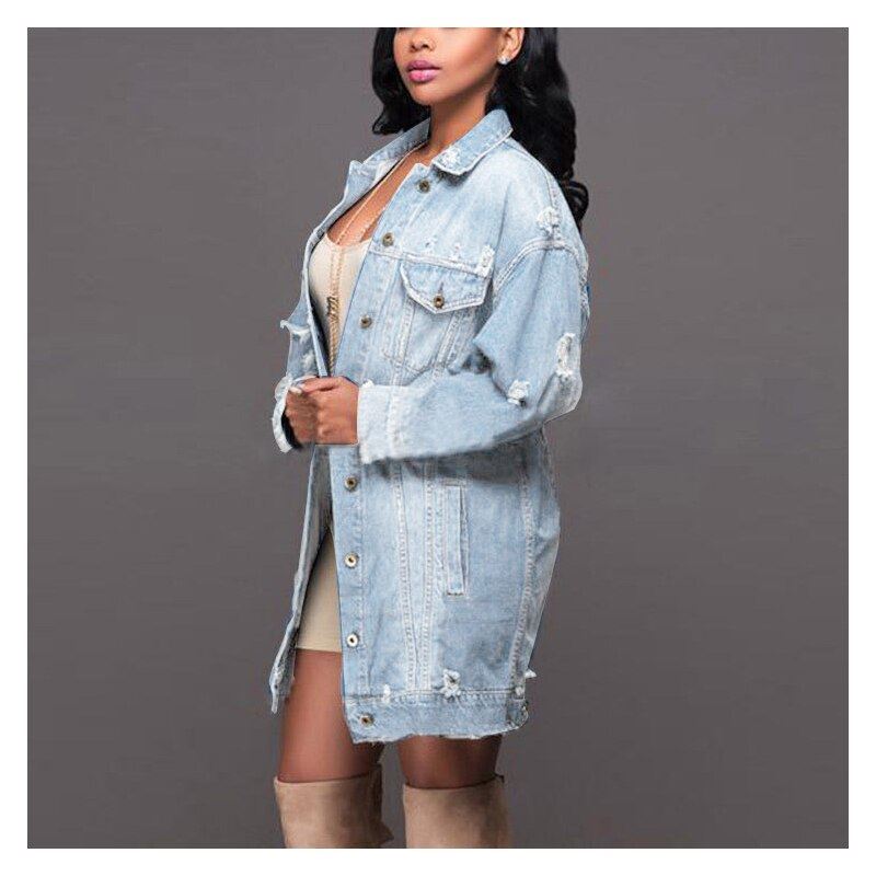 Fashion Cowgirl Jacket Denim Jacket Popular Style Mid Length Dark Hole Denim Tre