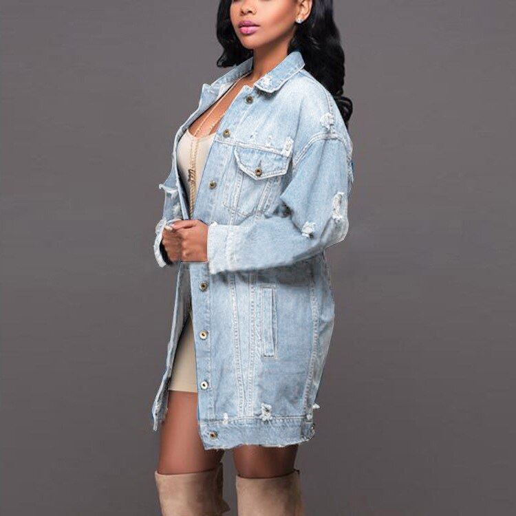 Fashion Cowgirl Jacket Denim Jacket Popular Style Mid Length Dark Hole Denim Tre