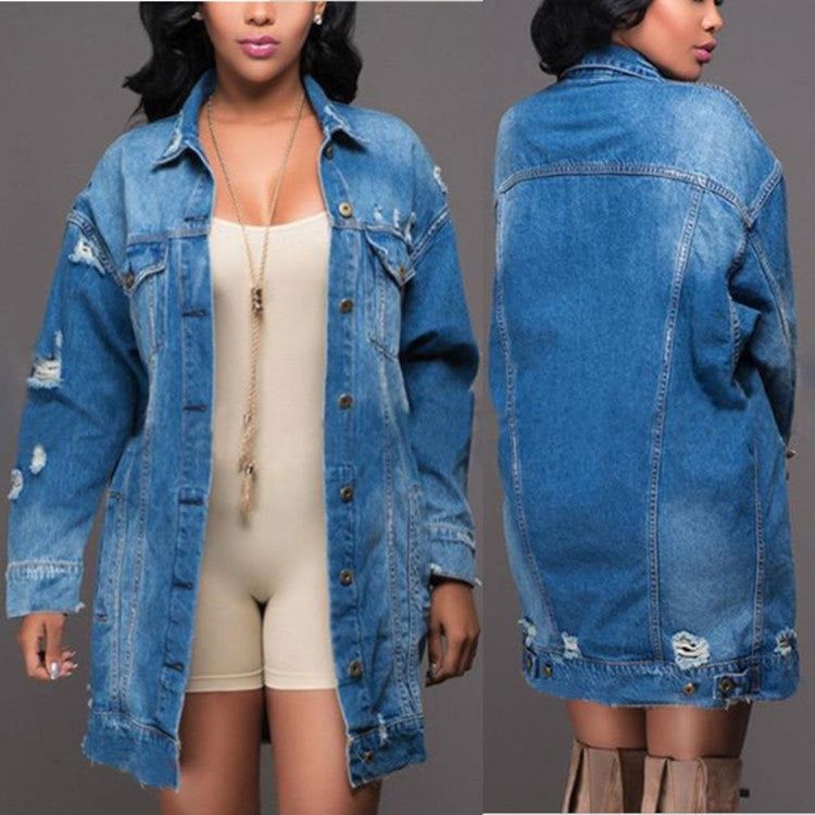 Fashion Cowgirl Jacket Denim Jacket Popular Style Mid Length Dark Hole Denim Tre
