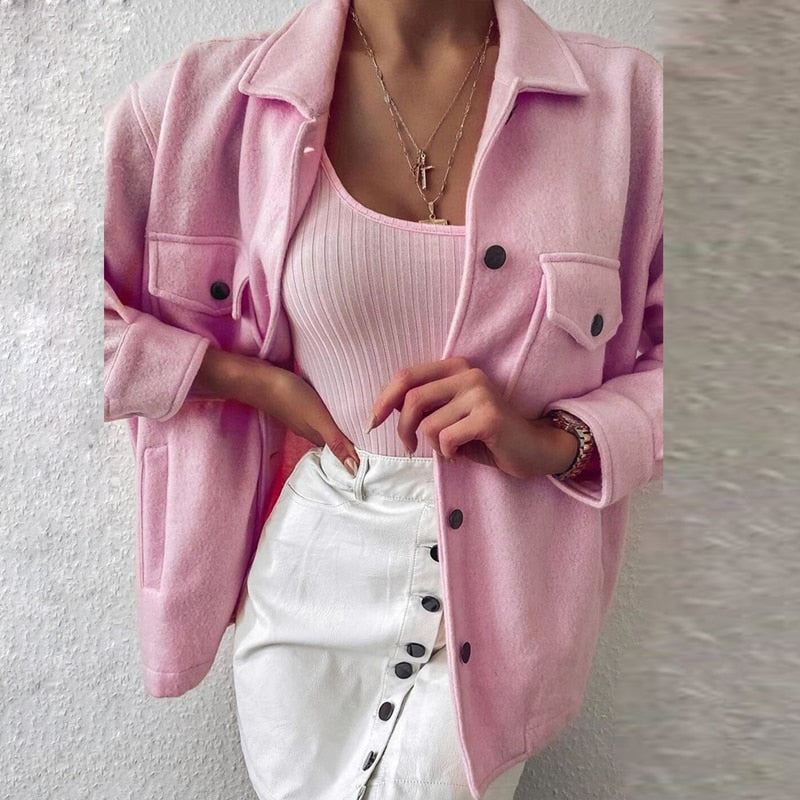 Autumn Single Breasted Turn-down Collar Wool Coat Women Elegant Long Sleeve Pock