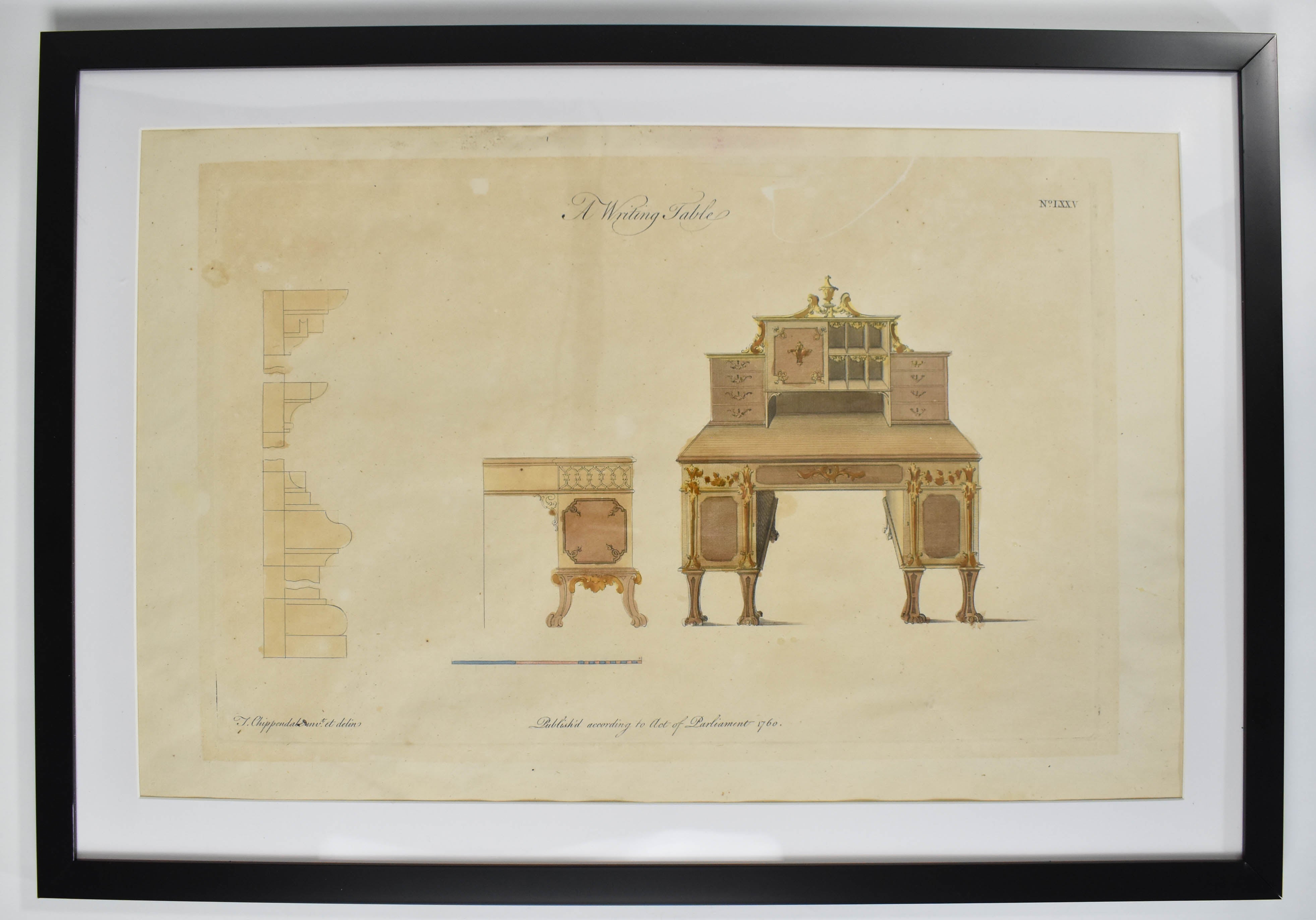 A Writing Table LXXV Thomas Chippendale Engraving Colored Framed Original