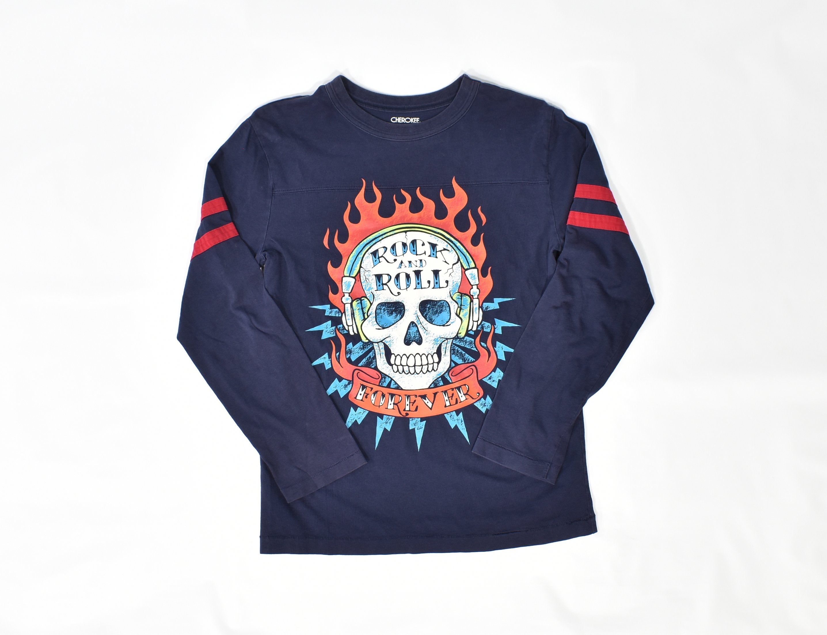 Rock and roll Forever T shirt Kids Long Sleeve Shirt used Blue Skull Colorful