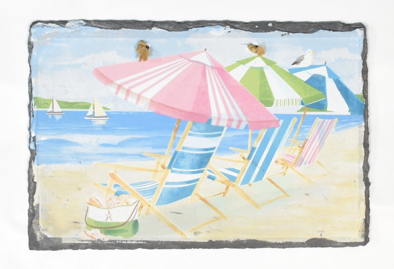 Beach Day Painting on rock 11 x 7 Hanging Decor Used
