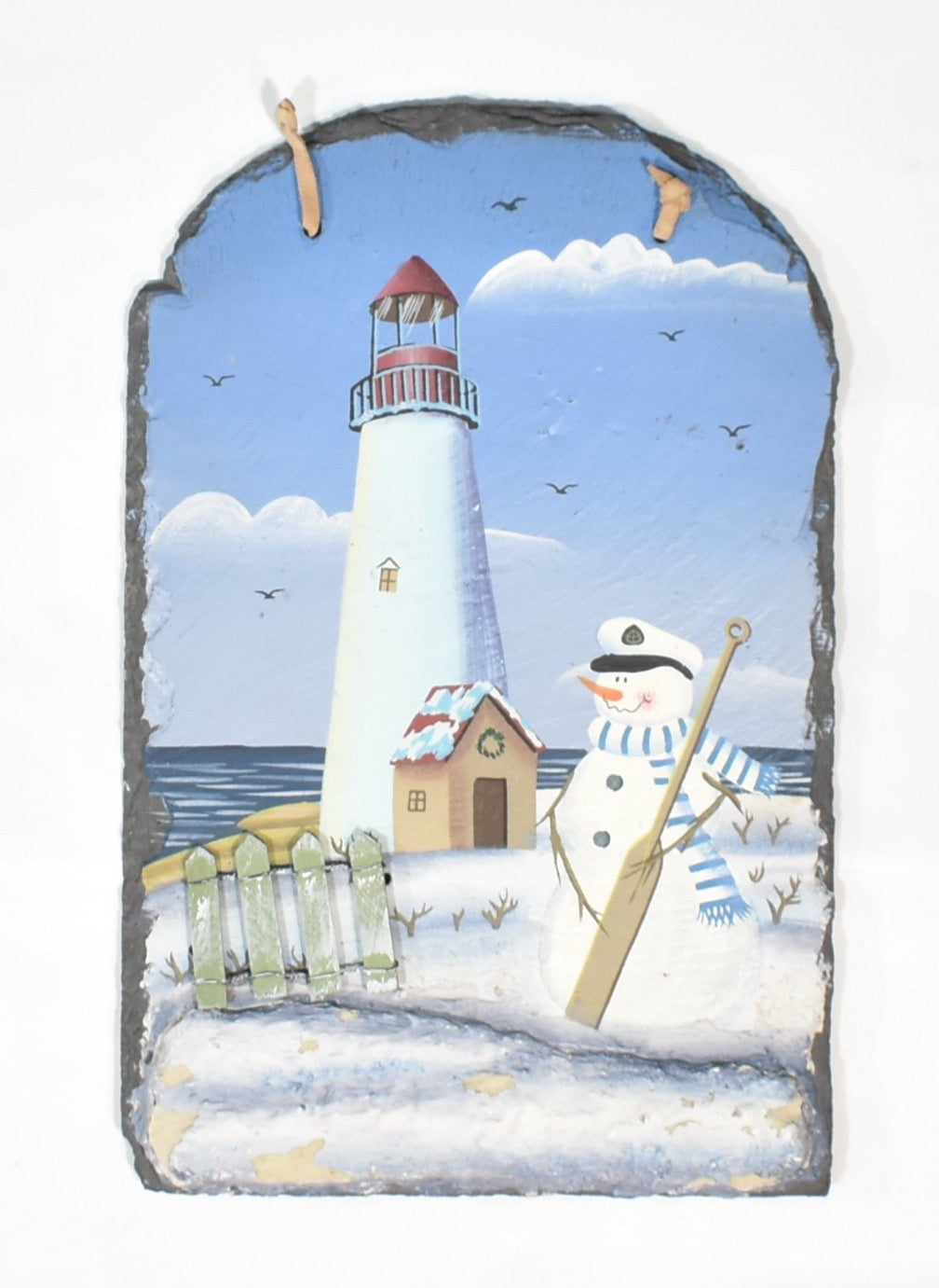Light House Christmas Themed Snow Man Sailing Painting on rock 11 x 7 Hanging De