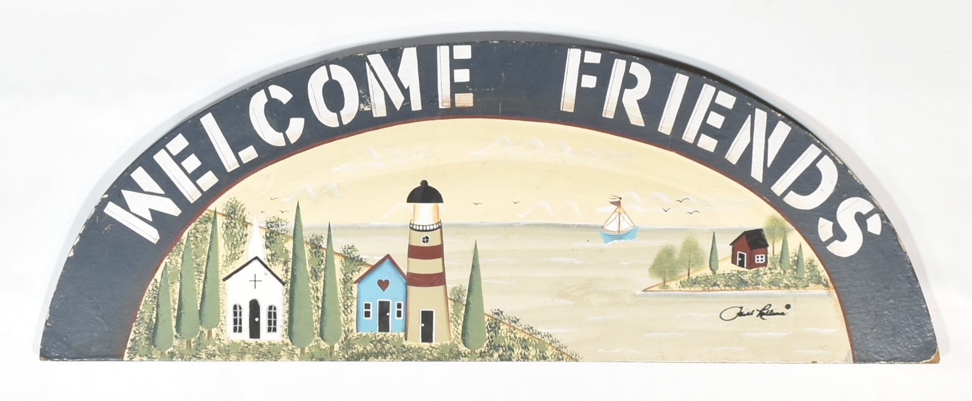Welcome Friends Light house Wood Home decor hanging sign used 22 x 8 Inch