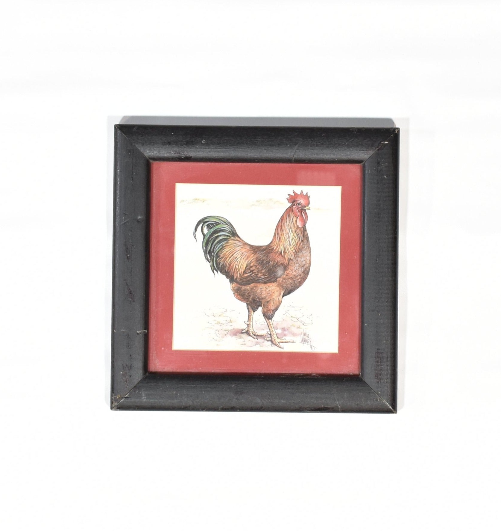 Rooster Country Farm Home decor Used Framed Drawing Julia Cramer 7 x 7 framed