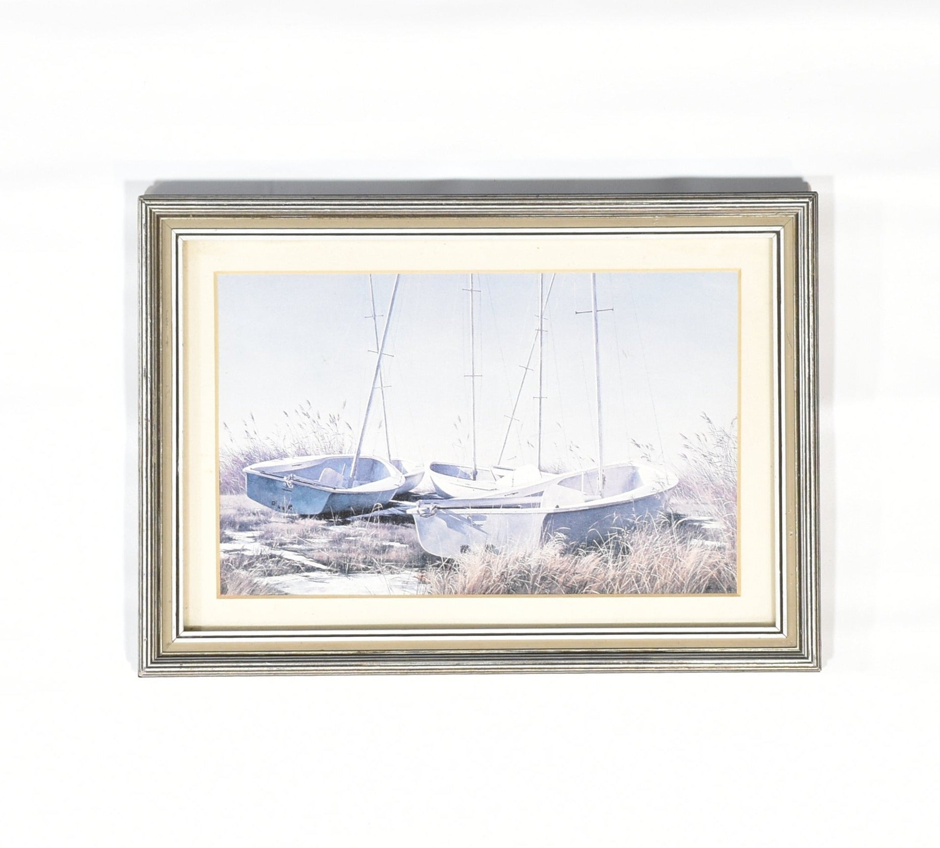 Framed Lake Art Work Print Sail Boat vintage photo Used 11 x 7 1/2