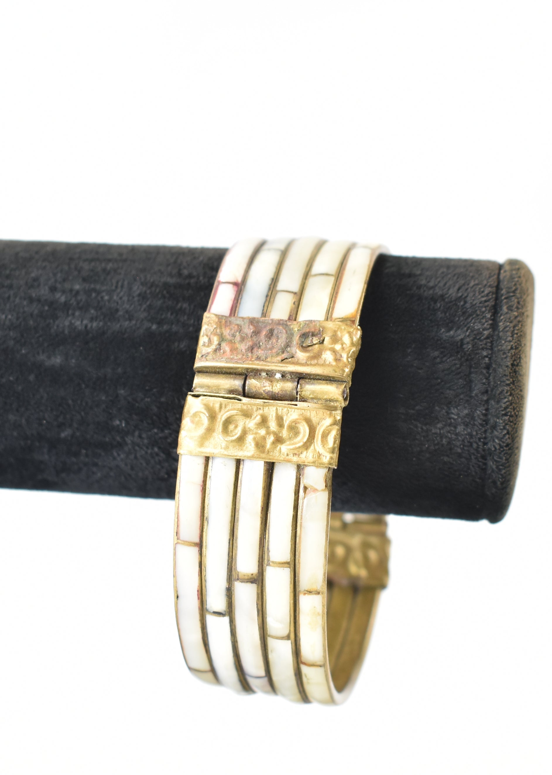 Vintage Mid-Century Multi Colored Mother of Pearl and Brass Filigree Bangle Bracelet
