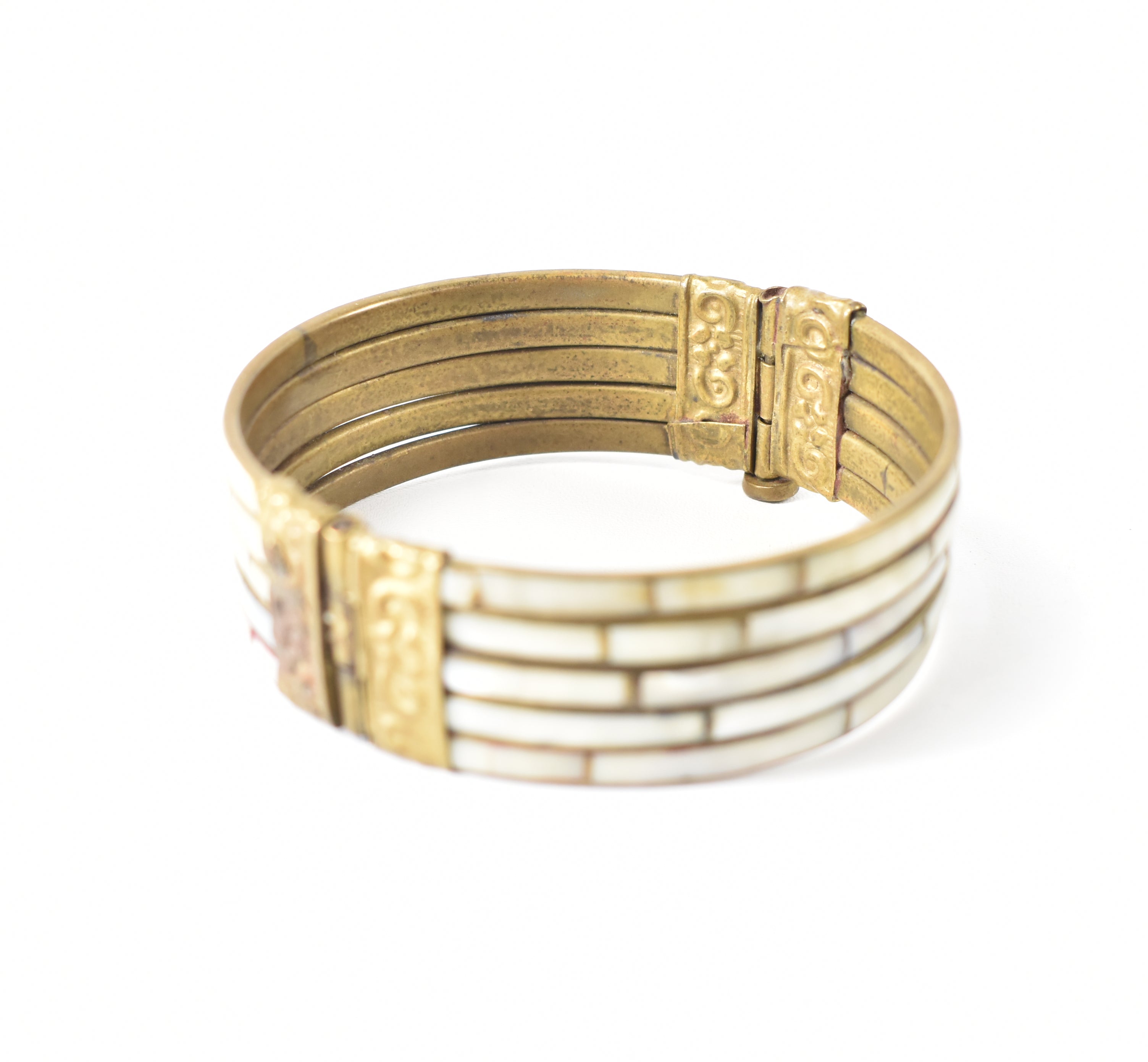 Vintage Mid-Century Multi Colored Mother of Pearl and Brass Filigree Bangle Bracelet