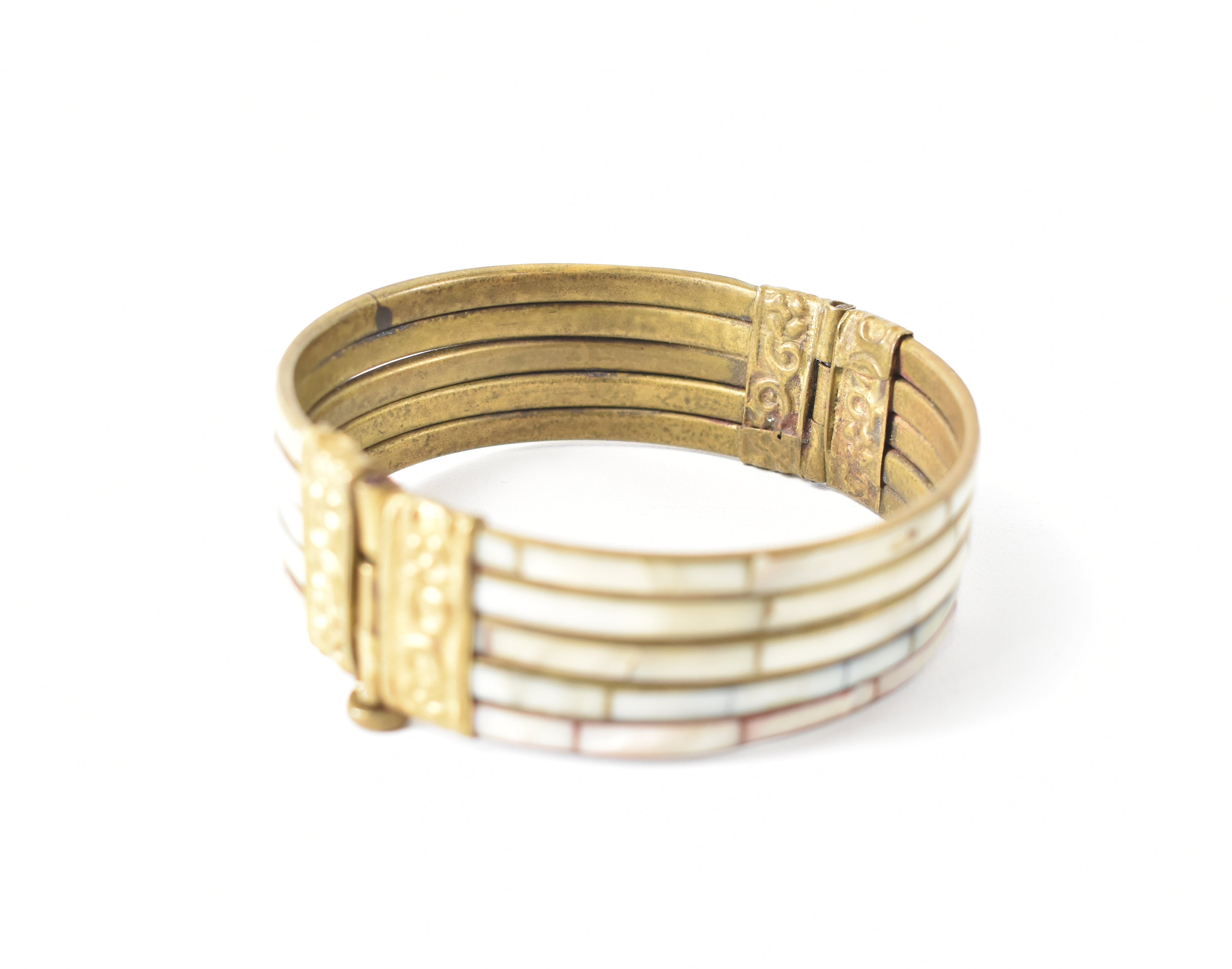 Vintage Mid-Century Multi Colored Mother of Pearl and Brass Filigree Bangle Bracelet