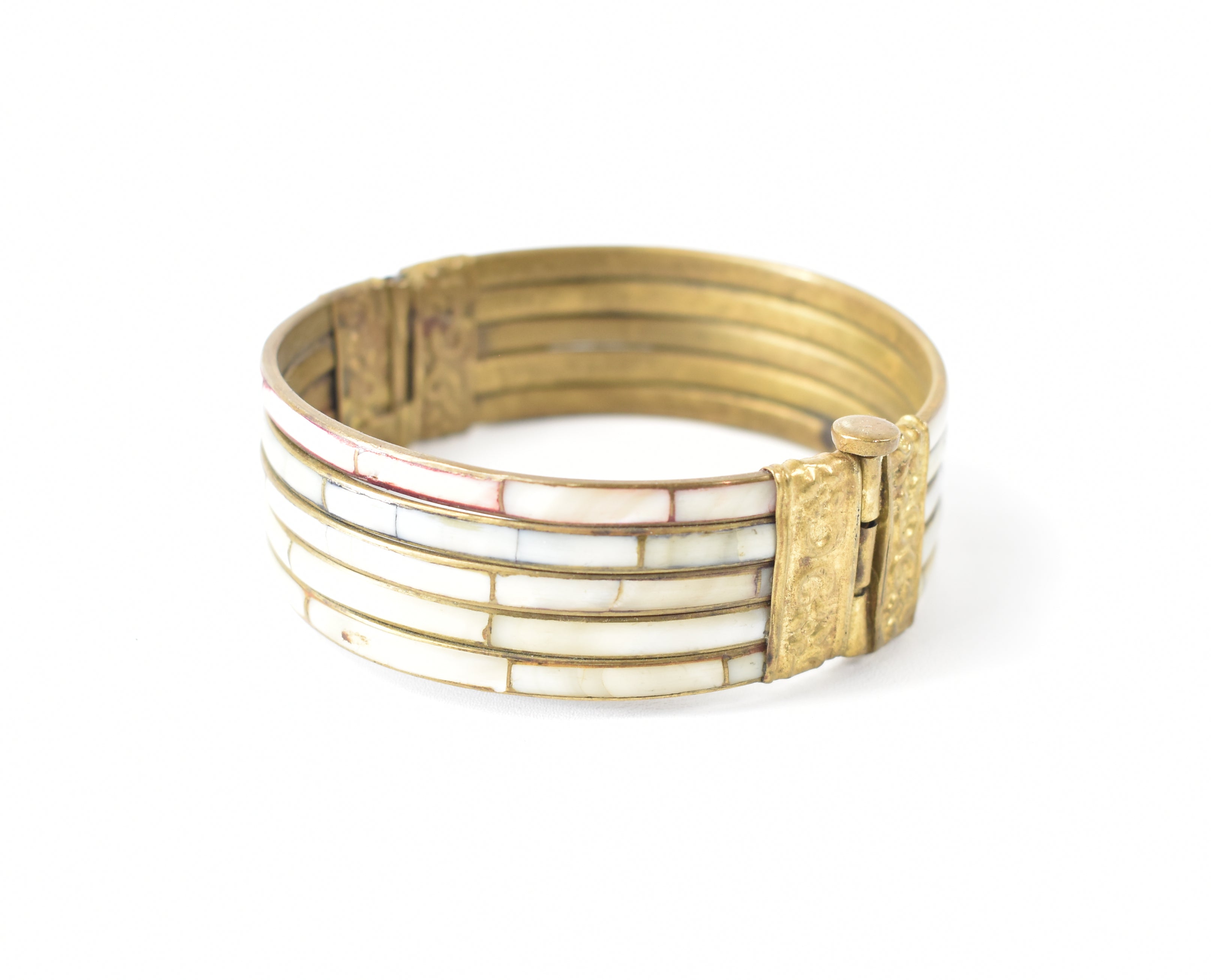 Vintage Mid-Century Multi Colored Mother of Pearl and Brass Filigree Bangle Bracelet