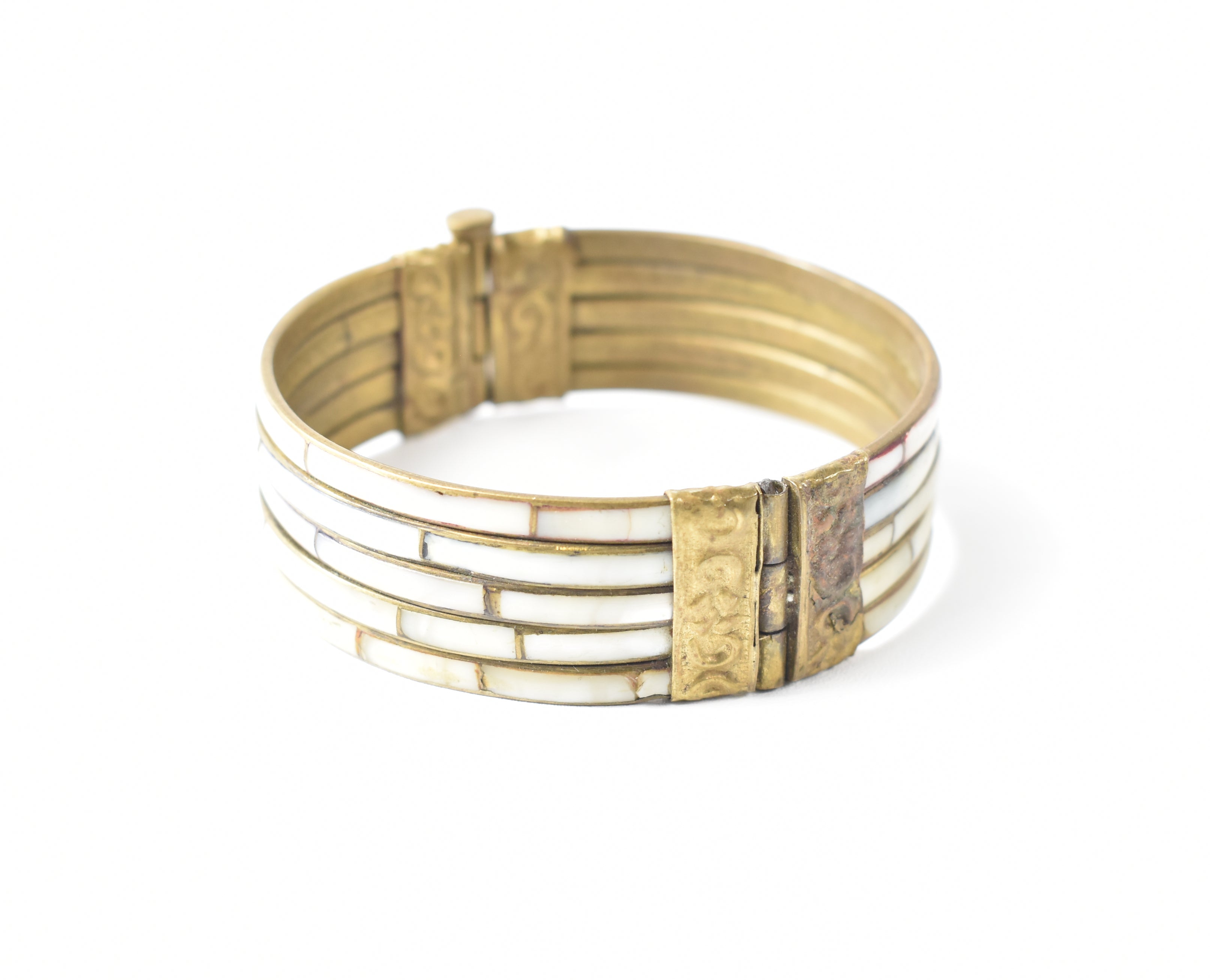 Vintage Mid-Century Multi Colored Mother of Pearl and Brass Filigree Bangle Bracelet