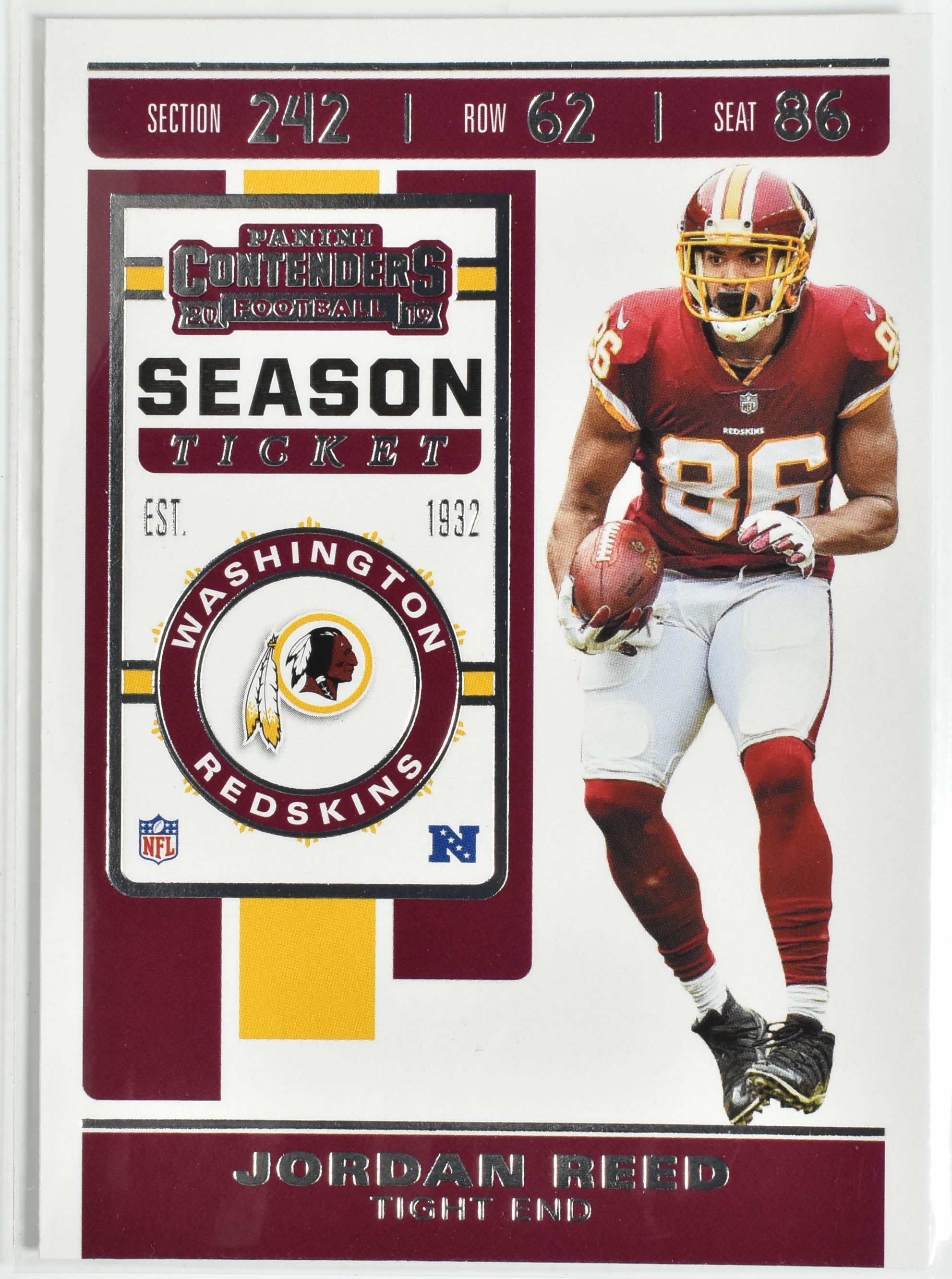 Jordan Reed 62 Panini Contenders 2019 Football Washington Football Team