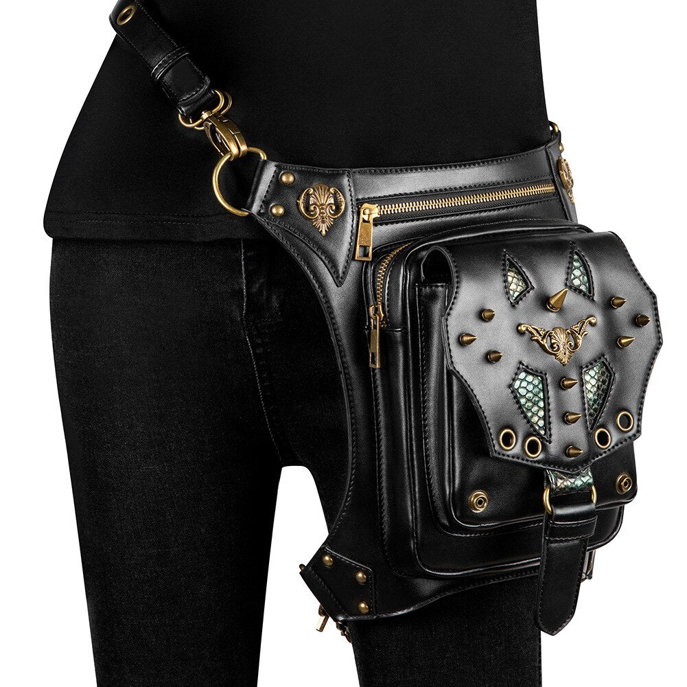 Lady Pockets Retro Messenger Bag Punk Vintage Steampunk Crossbody Women Shoulder Waistbag Men Hombre Skull Rivet Travel Leg Bags