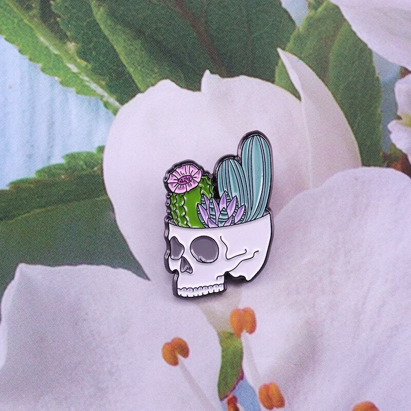 Cactus Brooch Skull Flower Pot Badge Succulents Gardening Pin